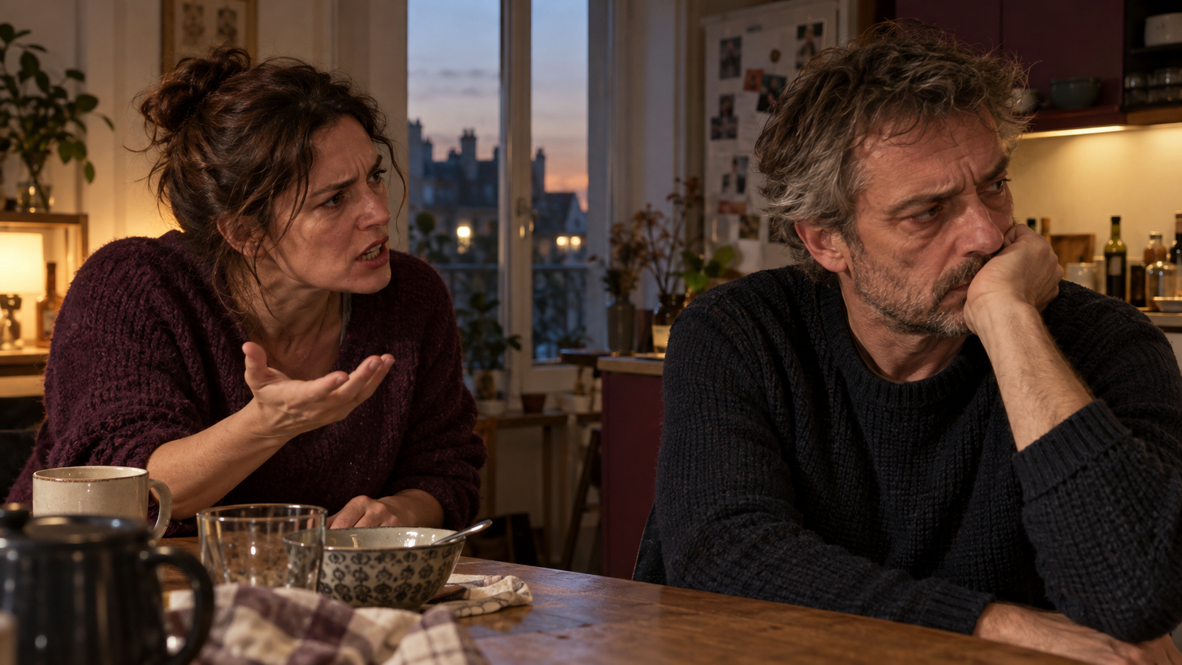 Un couple en dispute à une table : une personne parle avec colère, son partenaire détourne le regard.