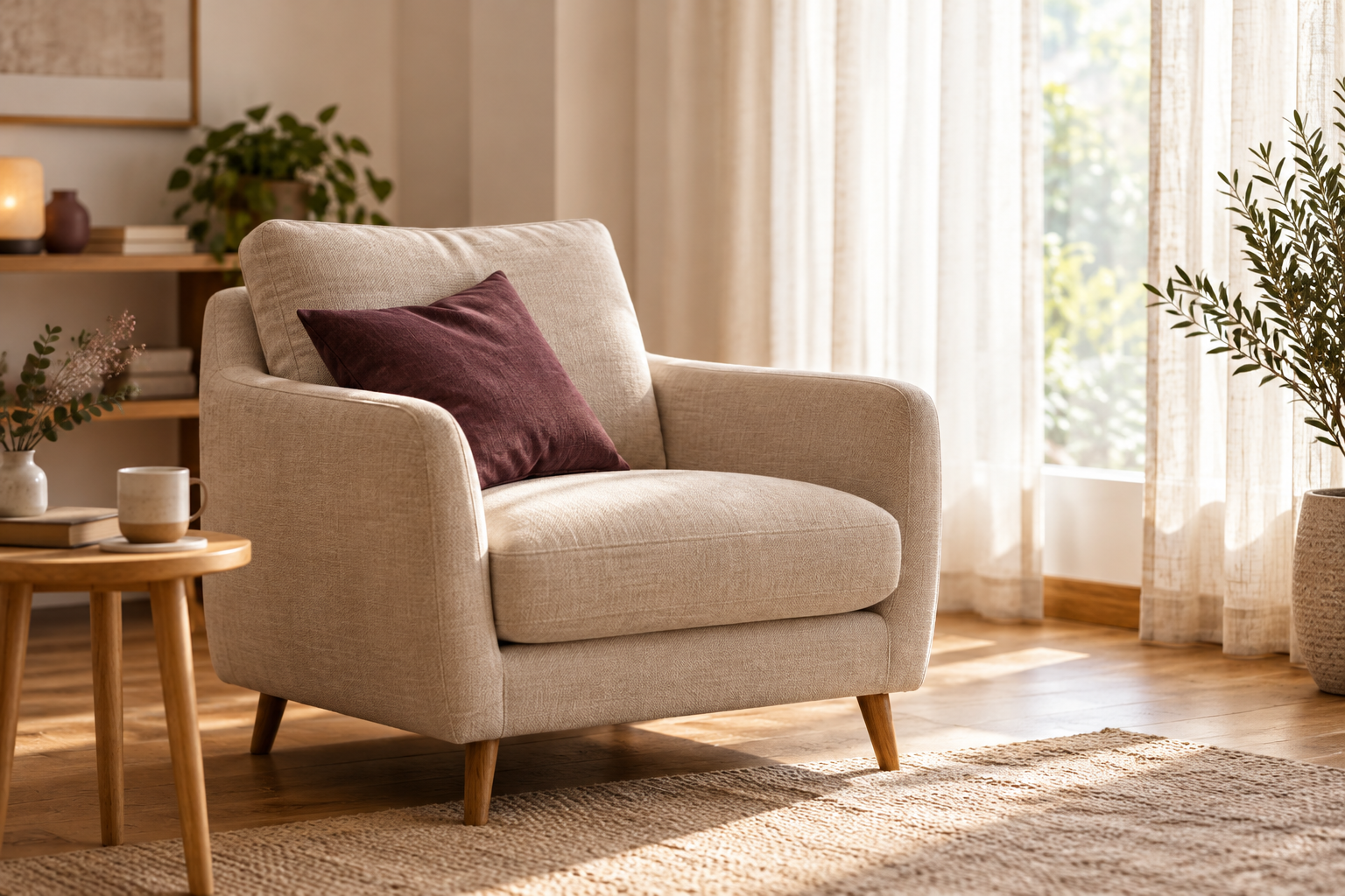 Fauteuil en lin avec un coussin aubergine, dans un espace calme éclairé par une fenêtre.
